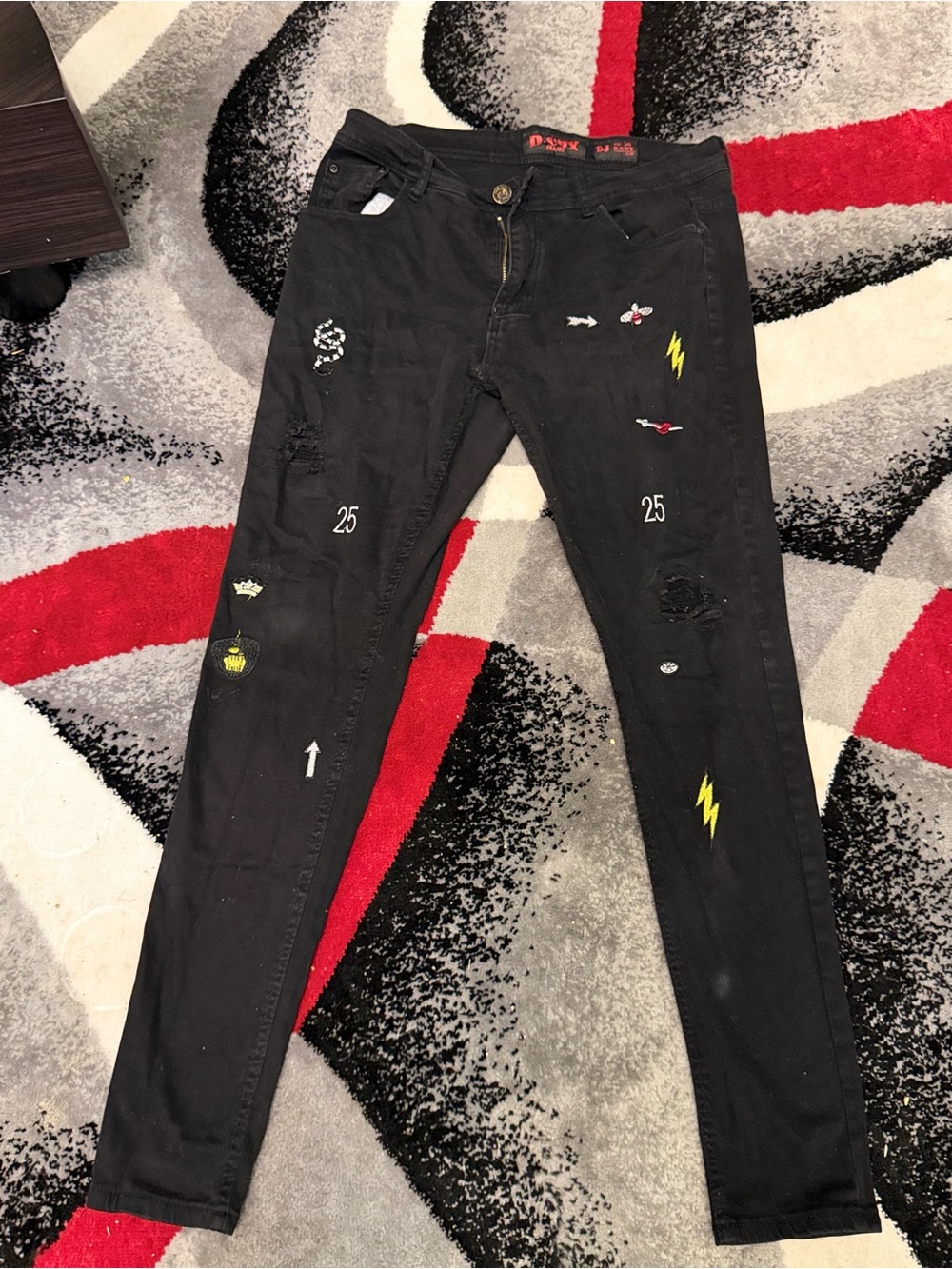 & Other Stories Black Skinny Jeans with Colorful Embroidered Patches - Picture 1 of 5